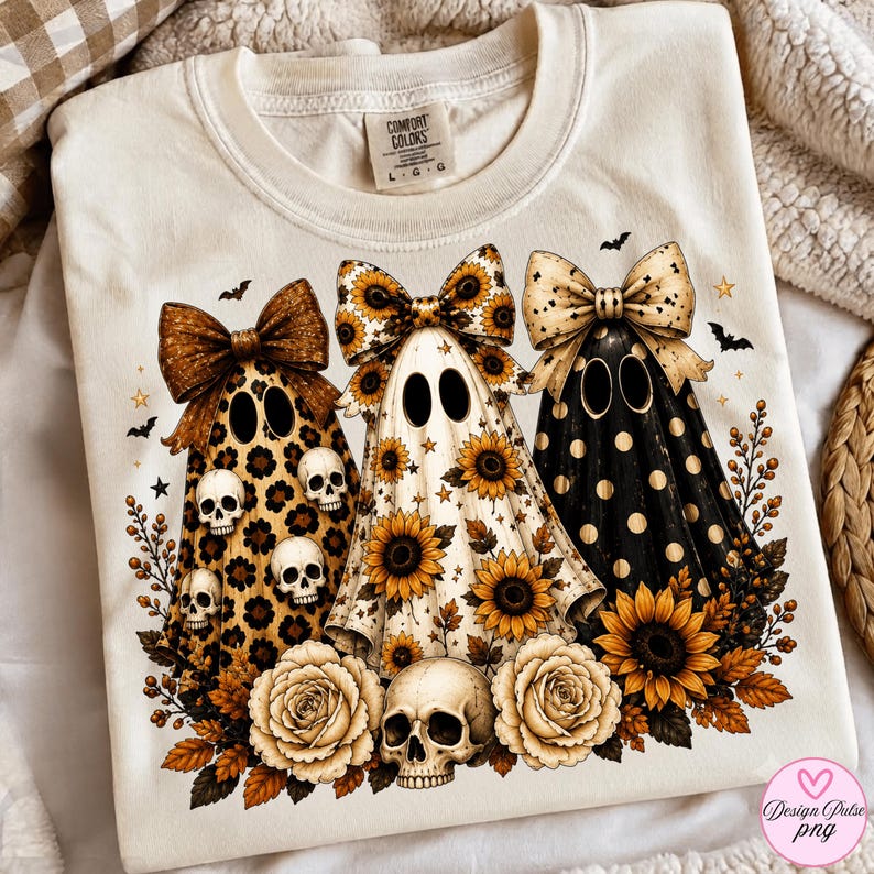 May include: A cream-colored t-shirt featuring a graphic of three ghosts wearing large bows. The first ghost has a leopard print, the second has a sunflower pattern, and the third has black and gold polka dots. Skulls, sunflowers, and roses surround them.