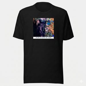 May include: Black t-shirt featuring a square graphic of a colorful, abstract landscape with blue, brown, and green hues. The graphic includes text at the bottom: TSJS.COM - LAT: -96.275647 - LON: -73.060073.