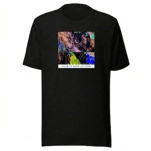 May include: Black t-shirt featuring a two-part abstract design in shades of brown, blue, green, and yellow. The design includes the text "TJUS.COM - LAT -56.290187 - LON -73.046647" in white. The shirt has short sleeves and a crew neck.