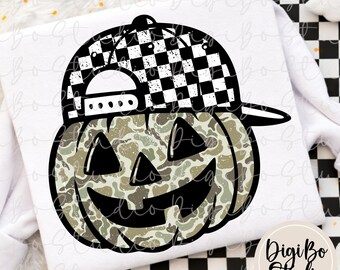 Halloween Camo Pumpkin With Checkered Hat PNG Design | Boys | Retro