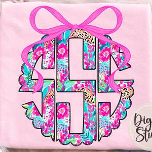 May include: A pink monogram design with a floral pattern in pink, teal, and white, accented with a pink bow. The monogram is surrounded by a scalloped edge. The DigiBo Studio logo is in the bottom right corner.