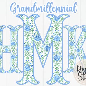 May include: A digital design with the text "Grandmillennial" in light blue above the letters "HMK". The letters are decorated with a blue and green floral pattern. The DigiBo Studio logo is in the lower right corner.