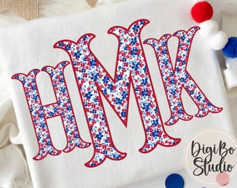 Patriotic Floral Fishtail Monogram | Preppy Red Blue | 4th Of July | Personalize Initials | Independence Day | PNG Digital Art