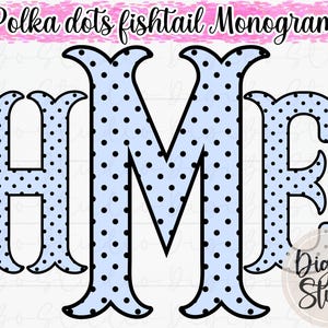 May include: A light blue fishtail monogram with black polka dots. The letters H, M, and F are featured in a decorative font. The text "Polka dots fishtail Monogram" is at the top. A "DigiBo Studio" logo is in the bottom right corner.