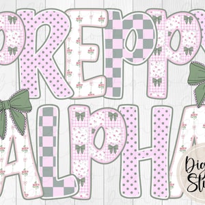 May include: A digital graphic featuring the words "PREPPY ALPHA" in a patchwork design. The letters are in pink, gray, and white with floral, polka dot, and checkered patterns. Green bows accent the letters. The DigiBo Studio logo is in the bottom right.