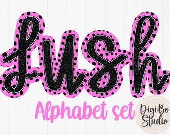 Preppy Script Alphabet Set | Pink Polka Dots | Black Glitter | Summer PNG Digital Art | Sublimation