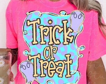 Neon Pastel Halloween Trick Or Treat PNG Design | Wavy Frame | Ghost