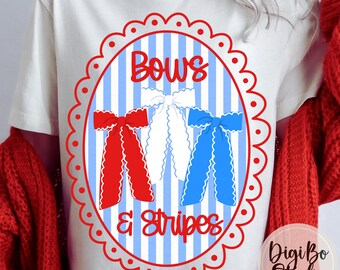 Preppy Patriotic PNG Digital Design | Coquette Bows & Stripes | Scalloped Frame Tshirt Sublimation