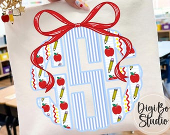 Preppy Back To School Scalloped Monogram DIY | School Supplies | Blue Seersucker | Coquette Bow | PNG Digital Art | Tshirt Sublimation