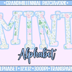 Könnte beinhalten: Das Wort MINT wird in großen Blockbuchstaben dargestellt, die mit einem Patchwork aus Blumen-, Vichy- und Streifenmustern in Blau-, Rosa- und Weißtönen gefüllt sind. Darunter steht das Wort Alphabet in einer blauen Schreibschrift.
