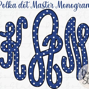 May include: A navy blue monogram design with white polka dots. The image features the text "Polka dot Master Monogram" at the top. The monogram is in a cursive style. The DigiBo Studio logo is in the bottom right corner.