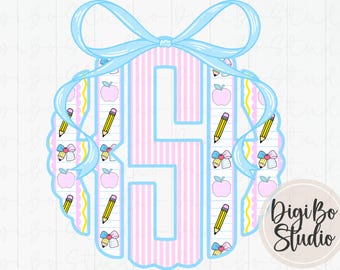 Preppy Back To School Scalloped Monogram DIY | School Supplies | Seersucker | Coquette Bow | PNG Digital Art | Tshirt Sublimation
