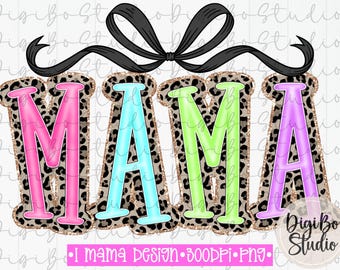Preppy Neon MAMA + Bow Tshirt Png Design | Family Names | Leopard Print Coquette | Summer | Sublimation