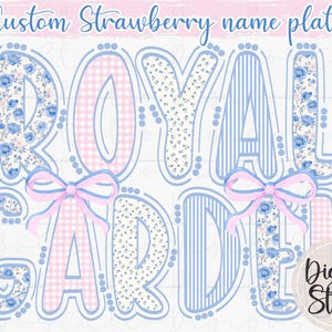 May include: A custom strawberry name plate design with the words "ROYAL GARDEN" in large, stylized letters. The letters feature floral, striped, and gingham patterns in blue, pink, and white, with pink bows. The DigiBo Studio logo is in the bottom right.