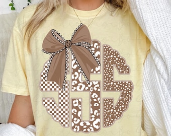 Safari Mix Scalloped Monogram DIY Kit | Tan & White Checkered | Coquette Bows | PNG Digital Art | Tshirt Sublimation