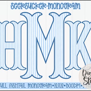 May include: A digital graphic featuring the letters HMK in a blue and white vertical striped seersucker pattern with a fishtail serif font. The text SEERSUCKER-MONOGRAM appears at the top, and FULL FISHTAIL MONOGRAM 12X12 300DPI is at the bottom.