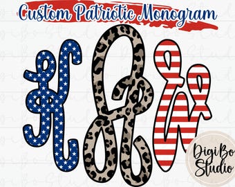 Personalize Patriotic Vine Monogram | Stars Stripes Leopard | Personalize Initial | 4th Of July | PNG Digital Design