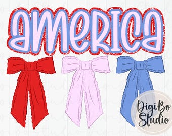 Preppy America PNG Digital Design | Coquette Bows | USA | Red White & Blue | Tshirt Sublimation