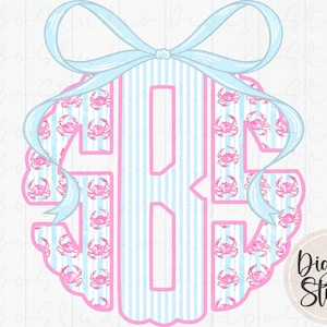 May include: A monogram design featuring the letters G, B, and H. The letters are outlined in pink and filled with a pattern of pink crabs and blue and white stripes. A light blue ribbon tops the design.