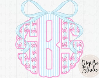 Preppy Coastal Crabs Monogram DIY Kit | Pink Blue Stripes | Summer | Coquette Bow | PNG Digital Art | Tshirt Sublimation