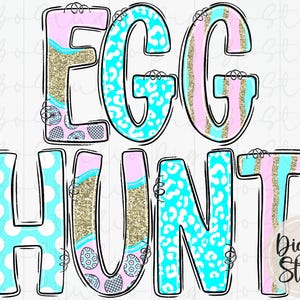 Puede incluir: Un diseño gráfico colorido con las palabras "EGG HUNT" en letras grandes y estilizadas. Las letras presentan una mezcla de patrones, incluyendo lunares, estampado de leopardo y rayas, en tonos rosa, azul y dorado. El diseño está delineado en negro.