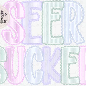 May include: A digital design featuring the words "SEER SUCKER" in large, pastel-colored letters. Each letter has a striped pattern and a scalloped border. The design includes the "Digi Bo Studio" logo.