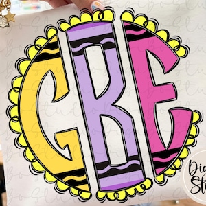 Back To School Scalloped Doodle Monogram DIY | Crayon Colors Art Class | PNG Digital Art