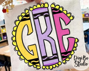 Back To School Scalloped Doodle Monogram DIY | Crayon Colors Art Class | PNG Digital Art