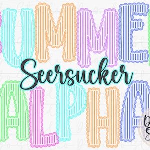 May include: Colorful digital design featuring the words "SUMMER Seersucker ALPHA" in various pastel colors. Each letter has a scalloped edge and vertical striped pattern. The design includes a "DigiBo Studio" logo.