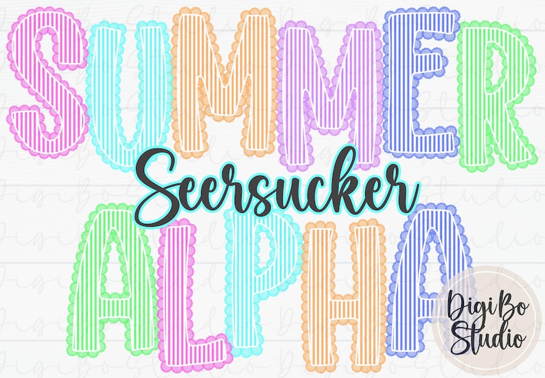 May include: Colorful digital design featuring the words "SUMMER Seersucker ALPHA" in various pastel colors. Each letter has a scalloped edge and vertical striped pattern. The design includes a "DigiBo Studio" logo.