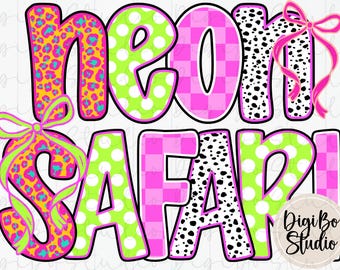 Neon Safari Mix Alphabet Set | Preppy Coquette Bows | Leopard Print | PNG Digital Art | Sublimation