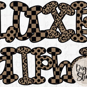 May include: A digital graphic design featuring the words "LUXE ALPHA" in a bold, stylized font. The letters are decorated with various patterns, including polka dots, checkered, and leopard print. The DigiBo Studio logo is in the lower right corner.