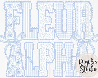 Preppy Scalloped Varsity Alphabet Set | Grandmillennial Soft Blue Floral | PNG Digital Art | Sublimation