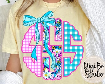 Bright Floral Mix Scalloped Monogram DIY Kit | Spring Easter | Preppy Coquette Bow | PNG Digital Art | Tshirt Sublimation