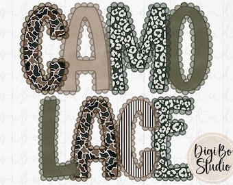 Preppy Camo Mix Lace Trim Alphabet Set | Camouflage Alpha Letters | PNG Digital Art | Sublimation