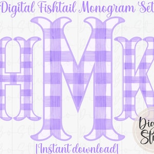 May include: Digital Fishtail Monogram Set showing the letters HMK in a light purple and white gingham pattern. The letters have a decorative fishtail design. The words "Instant download" are at the bottom.