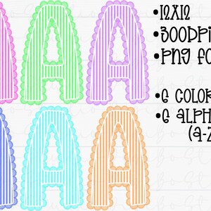 May include: Six colorful letter "A" designs in pink, green, purple, blue, turquoise, and orange, each with vertical stripes and a scalloped border. The image also includes text indicating the design is 12x12, 300 DPI, PNG format, with 6 colors and 26 alphabets.