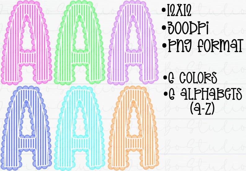 May include: Six colorful letter "A" designs in pink, green, purple, blue, turquoise, and orange, each with vertical stripes and a scalloped border. The image also includes text indicating the design is 12x12, 300 DPI, PNG format, with 6 colors and 26 alphabets.