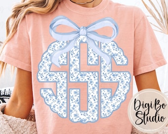 Preppy Floral Scalloped Monogram DIY Kit | Light Blue Toile | Coquette Bow | PNG Digital Art | Tshirt Sublimation