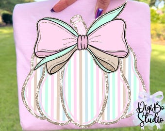 Grandmillennial Pumpkin With Bow | Pastel Stripes | Baby’s First | PNG Design