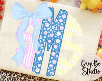 Preppy Ditsy Florals Scalloped Monogram DIY Kit | Spring Easter | Seersucker | Coquette Bow | PNG Digital Art | Tshirt Sublimation