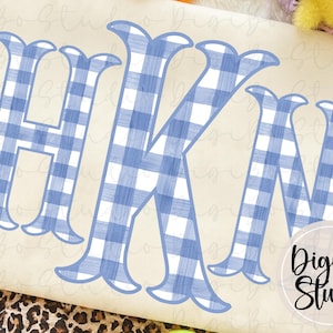 May include: A monogram design featuring the letters HKN in a blue and white gingham pattern. The letters have a decorative, scalloped edge. The DigiBo Studio logo is in the lower right corner.