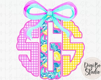 Preppy Lemons Scalloped Monogram DIY Kit | Pink Lemonade | Gingham | Coquette Bow | PNG Digital Art | Tshirt Sublimation