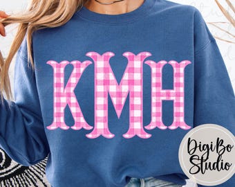 Preppy Pink Gingham Fishtail Monogram Kit |  Personalize Initials | PNG Digital Art | Tshirt Sublimation