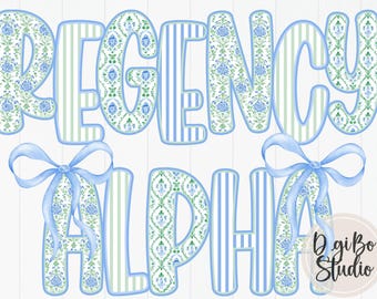 Grandmillennial Alphabet Set | Blue Green | Coquette Bow | Floral Ornate | PNG Digital Art | Sublimation