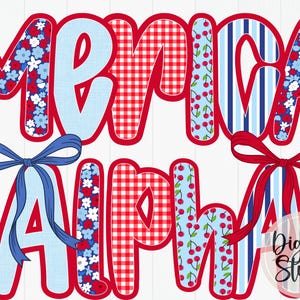 May include: A vibrant graphic design displaying the words "MOMMA ALPHA" in bold, outlined letters. The letters are filled with diverse patterns, including floral, gingham, cherry, and striped designs. Decorative bows adorn the letters, set against a red outline and a white backdrop.