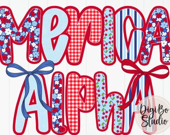 Preppy Patriotic Alphabet Set | 4th Of July Coquette Bows | Floral USA | PNG Digital Art | Sublimation