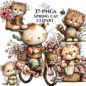 Puede incluir: Una colección de 37 imágenes prediseñadas de gatos de primavera. Las ilustraciones presentan adorables gatitos de dibujos animados con detalles florales, incluido un gatito en bicicleta rosa, gatitos con flores y un gatito con una abeja. El texto "Spring Cat Clipart" es visible.