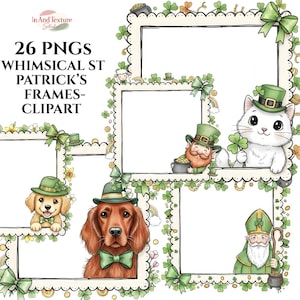 Puede incluir: Colección de arte digital con marcos y clipart caprichosos del Día de San Patricio. Los marcos están decorados con tréboles, lazos y duendes. Incluye imágenes de un gato, perros y un duende. El texto de la imagen dice "26 PNGS WHIMSICAL ST PATRICK'S FRAMES-CLIPART."
