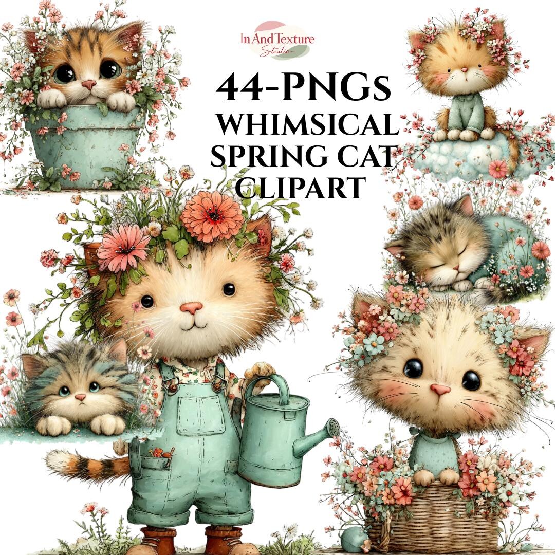 Whimsical Spring Cat Clipart PNG Bundle, Watercolor Floral Kitty ...
